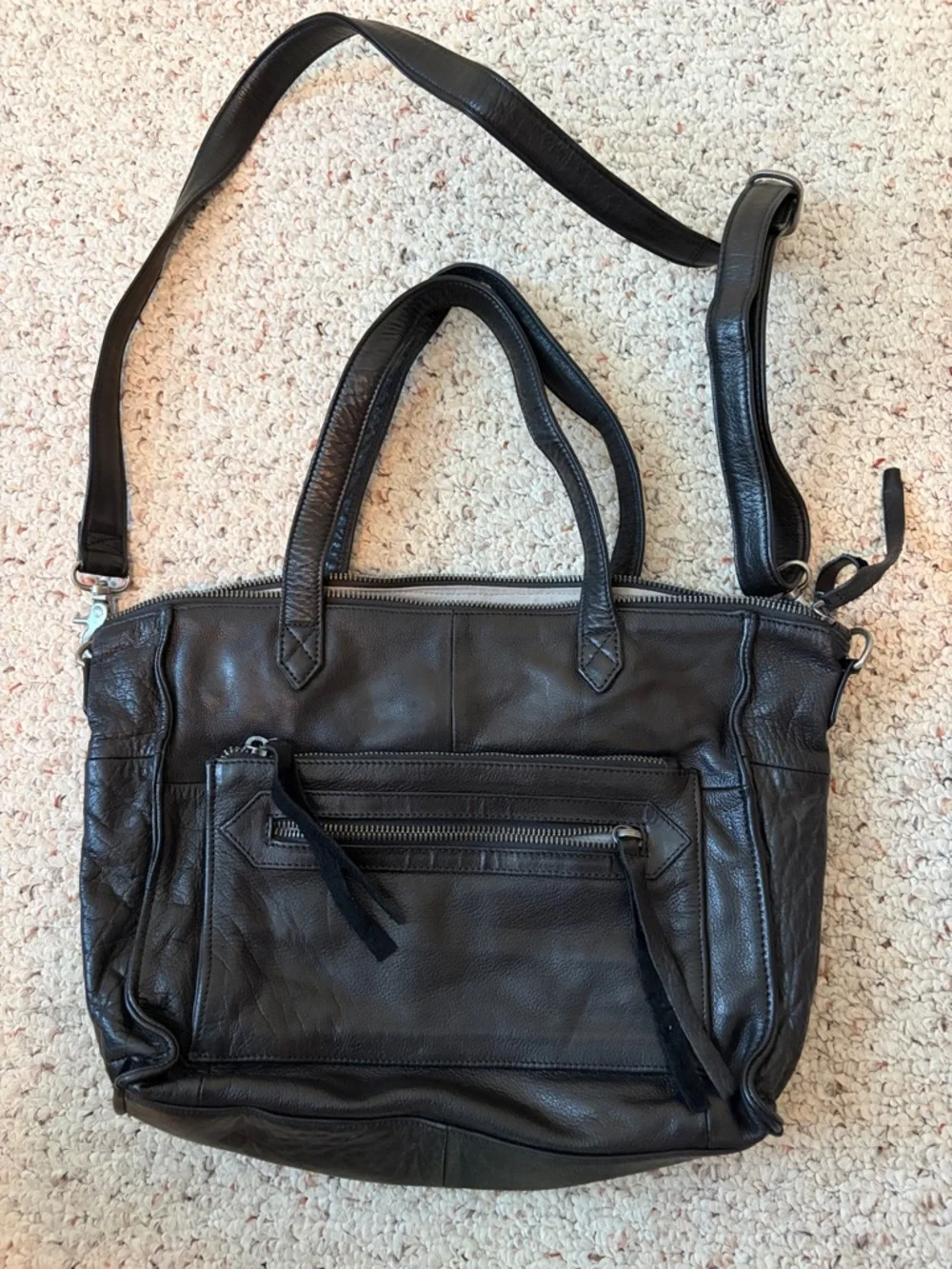 Day & Mood Black Leather Satchel Tote with Crossbody Strap